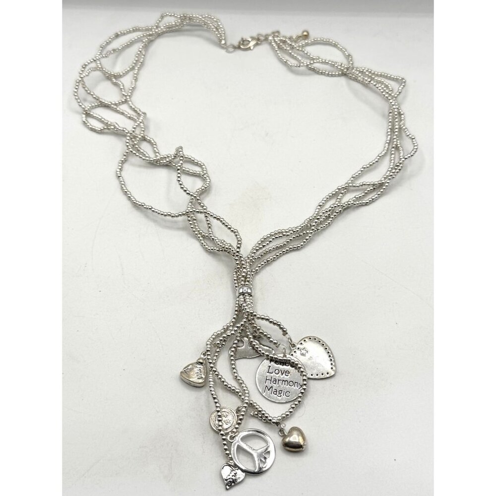 Beaded tassel silver tone peace love charm necklace